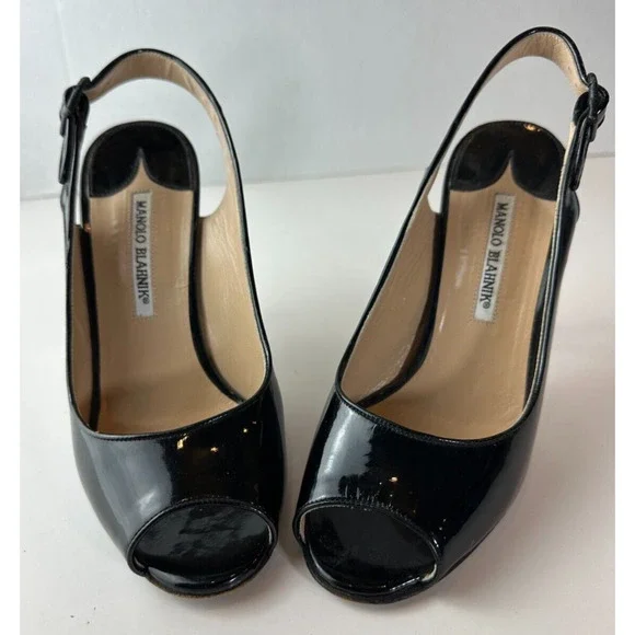 Manolo Blahnik Black Patent Leather Slingback Pump Peep Toe High Heels 38 US 8 - Picture 11 of 16